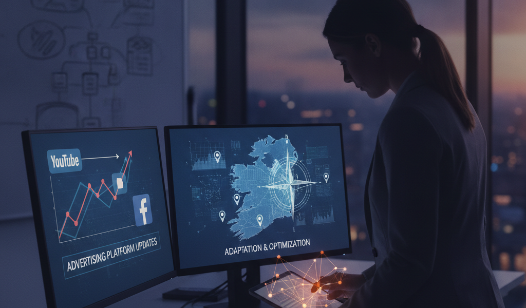 Professional analysing advertising platform data on dual monitors