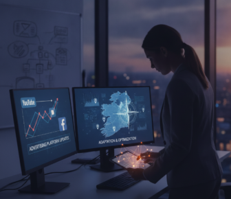 Professional analysing advertising platform data on dual monitors