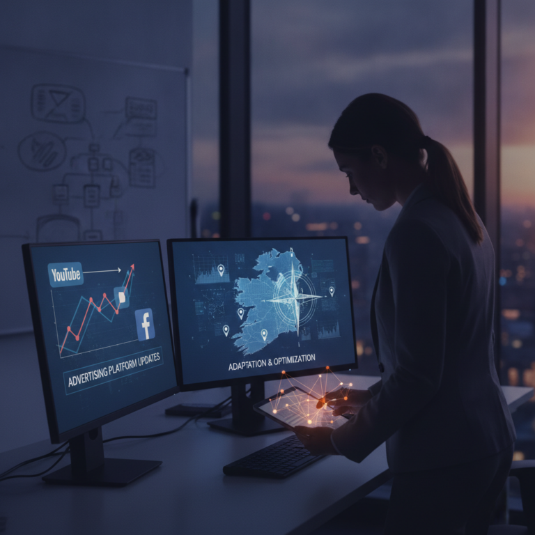 Professional analysing advertising platform data on dual monitors