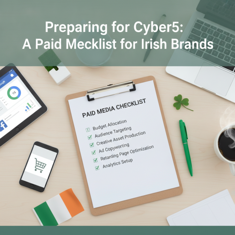 Cyber5 paid media checklist for Irish brands on desk