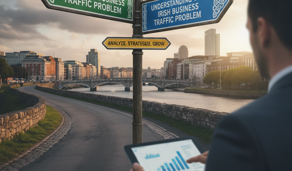 Businessman views Irish traffic strategy signs beside Dublin river.