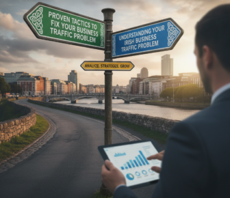 Businessman views Irish traffic strategy signs beside Dublin river.