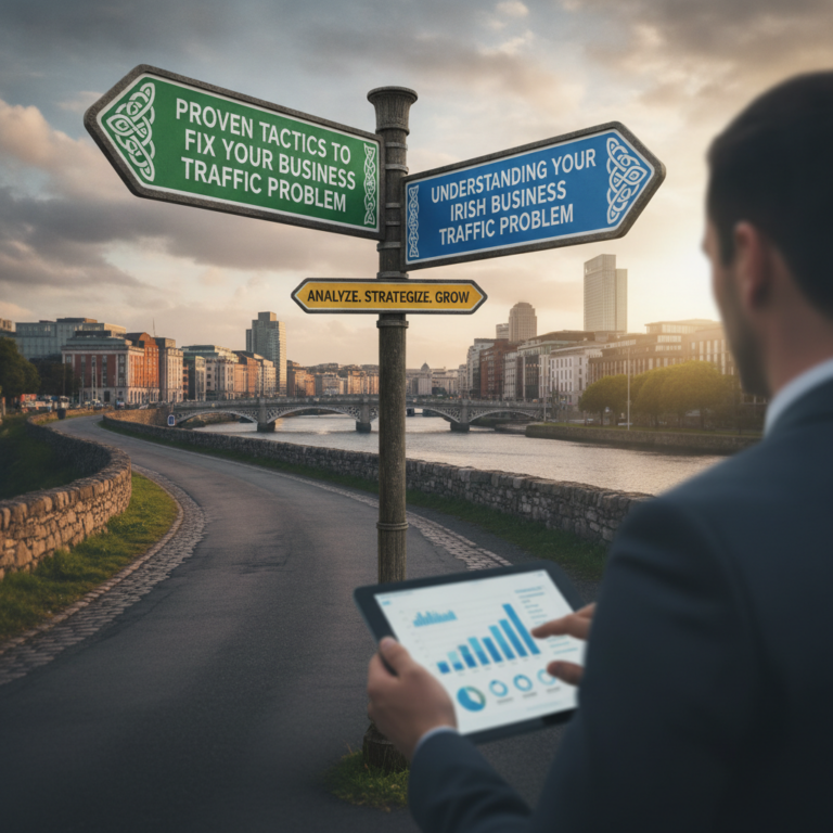 Businessman views Irish traffic strategy signs beside Dublin river.