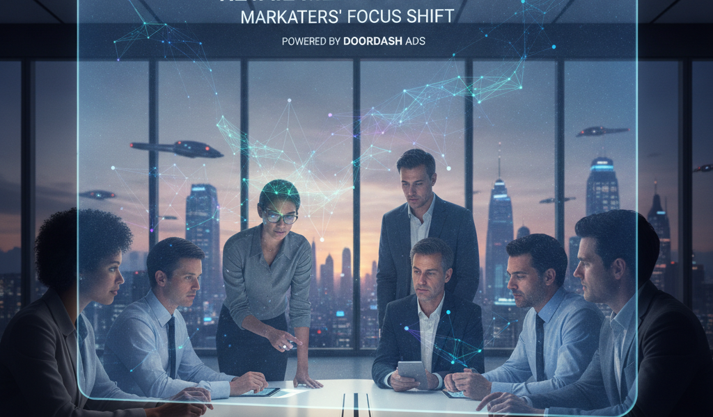 Marketing team discusses retail media strategy in futuristic boardroom