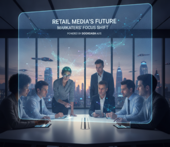 Marketing team discusses retail media strategy in futuristic boardroom
