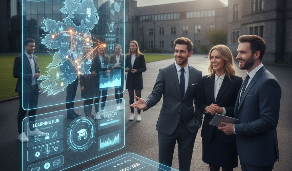 Professionals viewing holographic UK education marketing map outside campus