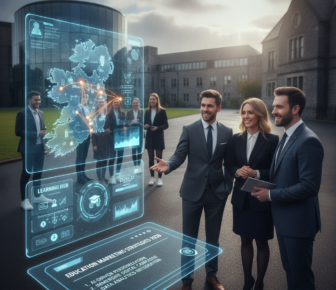 Professionals viewing holographic UK education marketing map outside campus