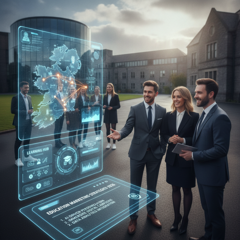Professionals viewing holographic UK education marketing map outside campus