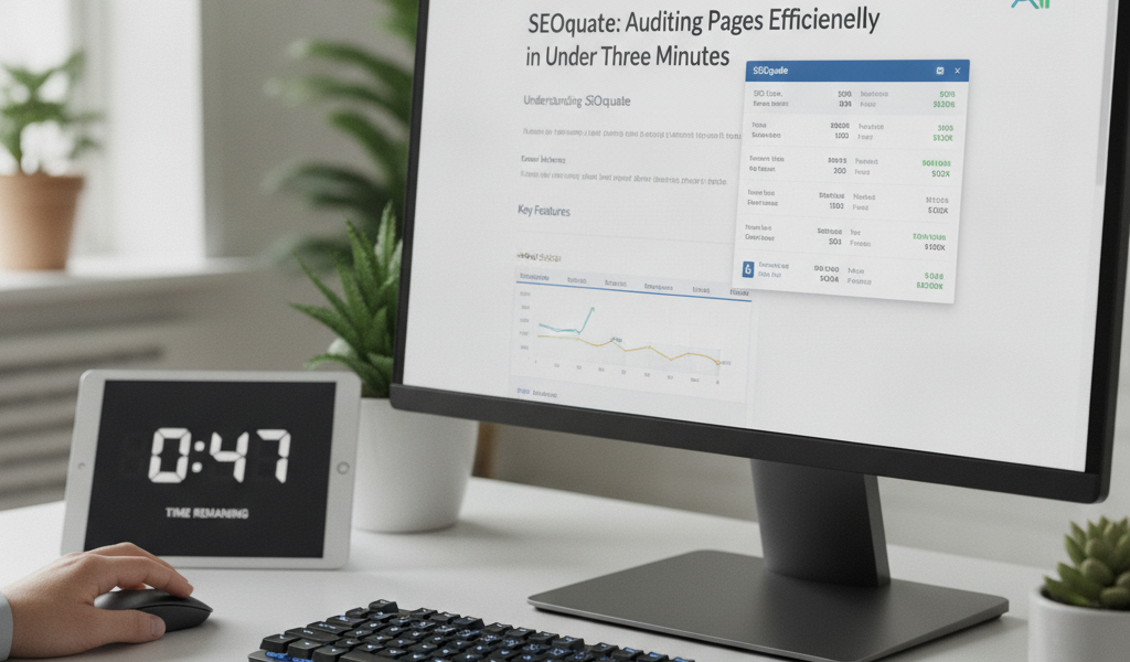 Desktop monitor displays SEO auditing page beside countdown timer