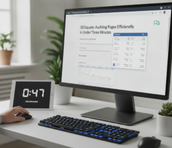 Desktop monitor displays SEO auditing page beside countdown timer