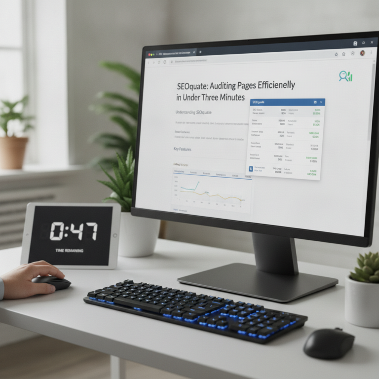 Desktop monitor displays SEO auditing page beside countdown timer