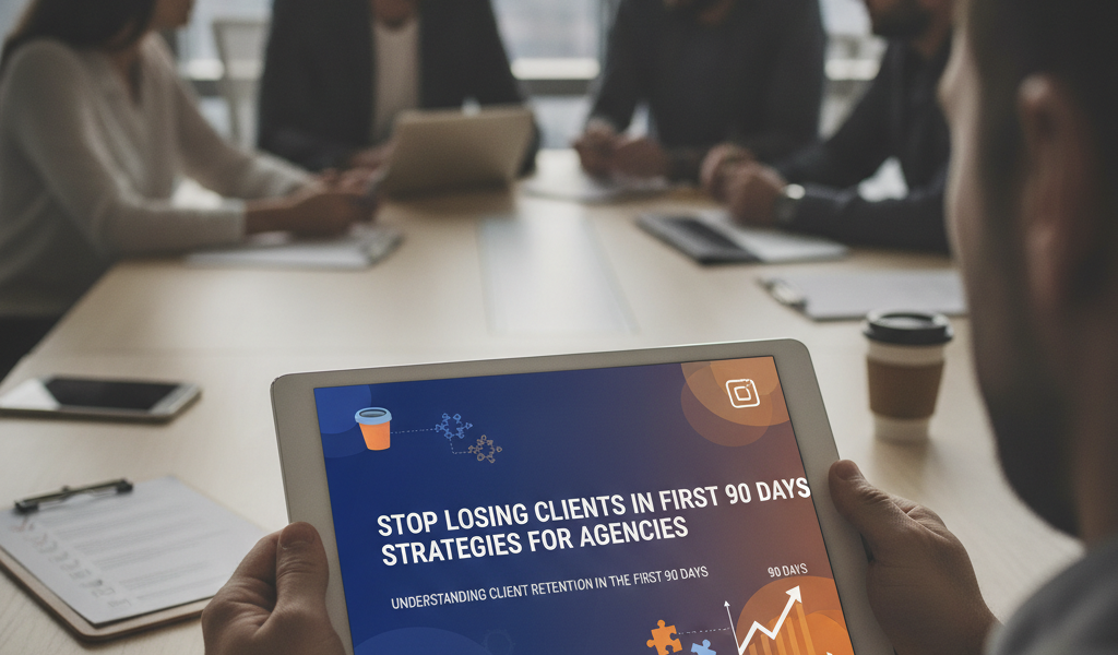 Business meeting attendee viewing client retention strategies tablet presentation