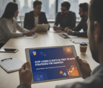 Business meeting attendee viewing client retention strategies tablet presentation