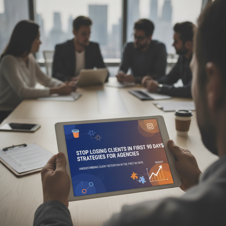 Business meeting attendee viewing client retention strategies tablet presentation