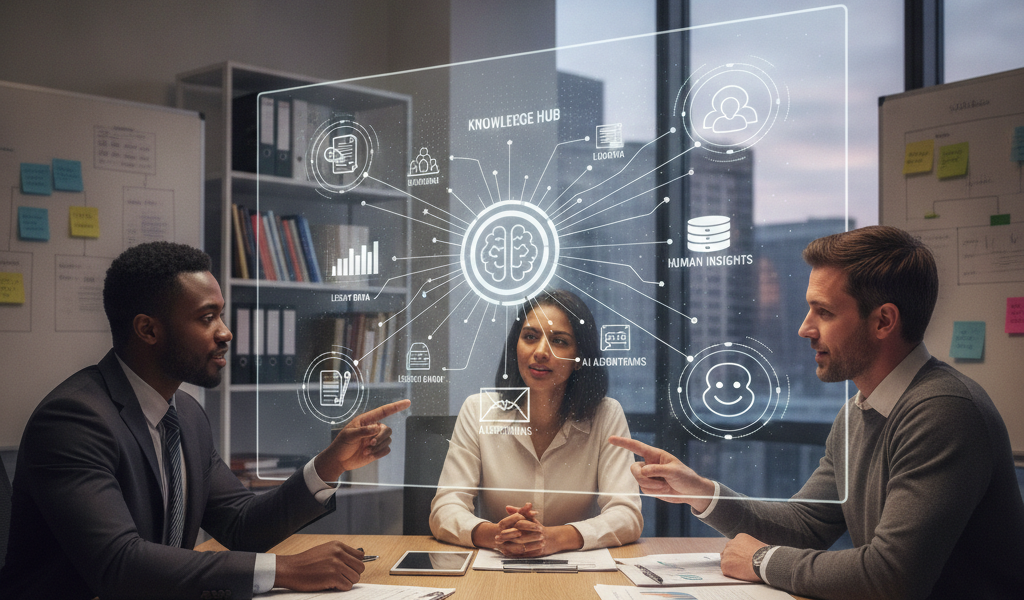 Colleagues discussing AI-powered knowledge hub interface in office