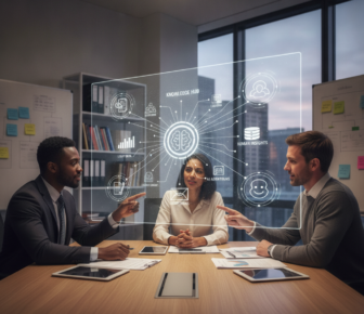 Colleagues discussing AI-powered knowledge hub interface in office