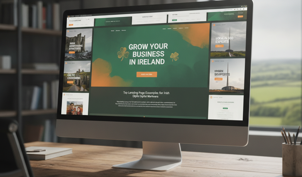 Desktop displaying Irish business growth landing page in sunlit office