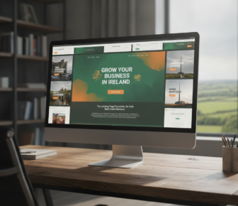 Desktop displaying Irish business growth landing page in sunlit office