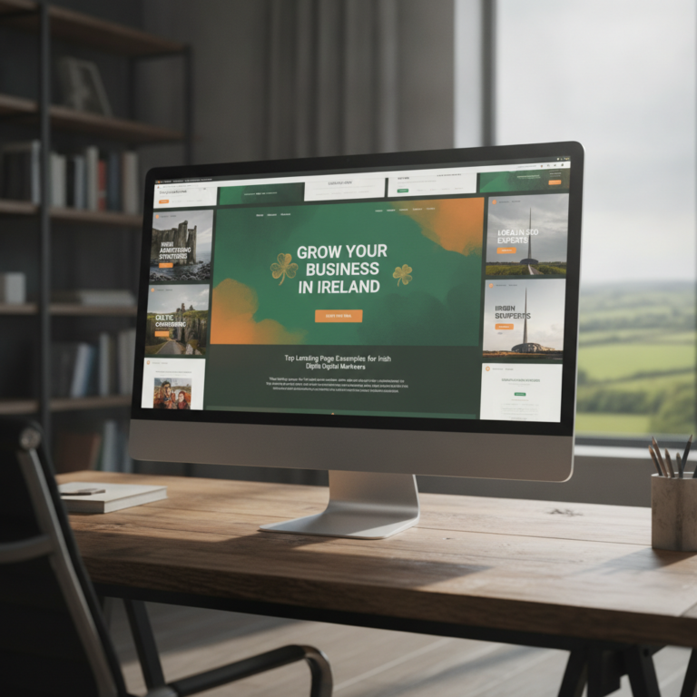 Desktop displaying Irish business growth landing page in sunlit office