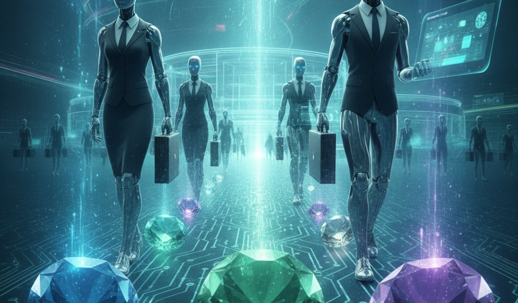 Humanoid robots in business attire with glowing gemstones and digital interface