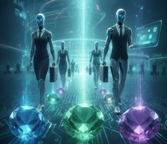 Humanoid robots in business attire with glowing gemstones and digital interface