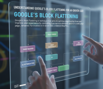Hands using transparent Google block flattening SEO flowchart interface