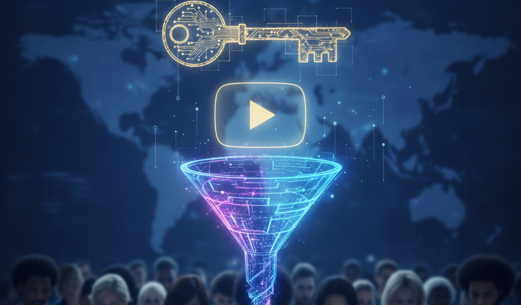 Graphic illustrating YouTube algorithm driving customer discovery through a funnel.