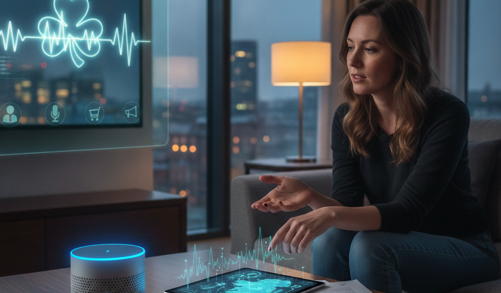 Woman using voice-controlled health monitoring smart home technology