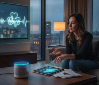 Woman using voice-controlled health monitoring smart home technology