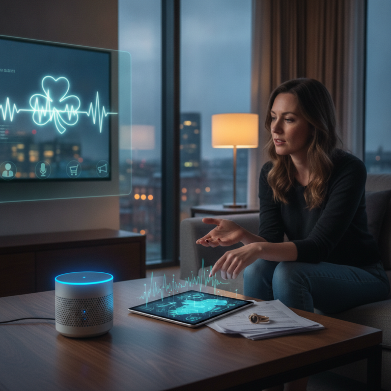 Woman using voice-controlled health monitoring smart home technology