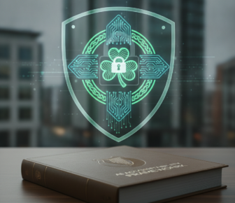 Digital cyber security shield above a book marked Accounting Handbook