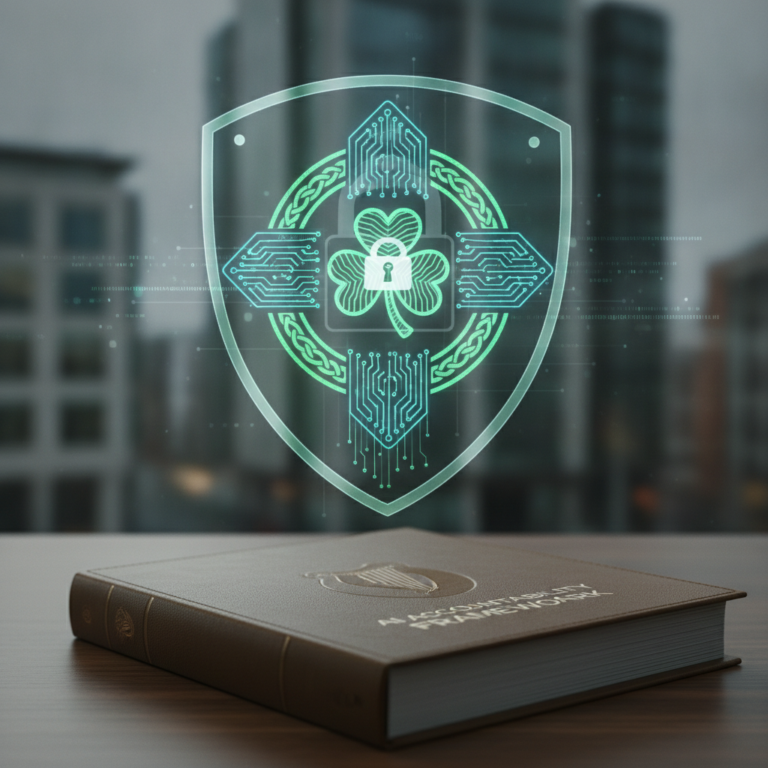 Digital cyber security shield above a book marked Accounting Handbook