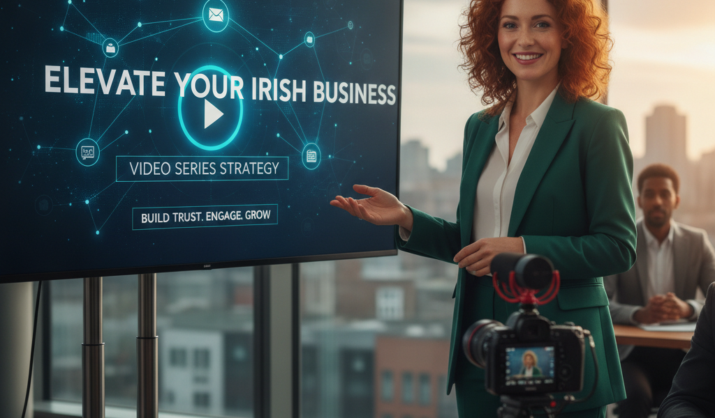 Businesswoman presenting Irish video strategy beside camera and display