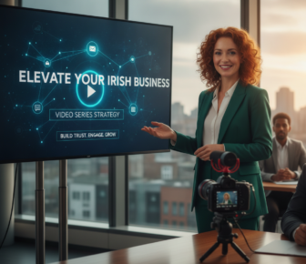 Businesswoman presenting Irish video strategy beside camera and display