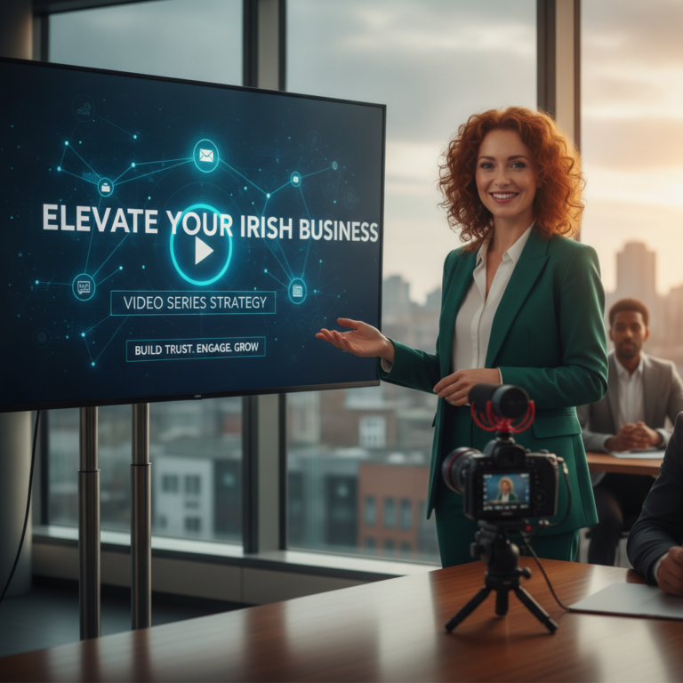 Businesswoman presenting Irish video strategy beside camera and display