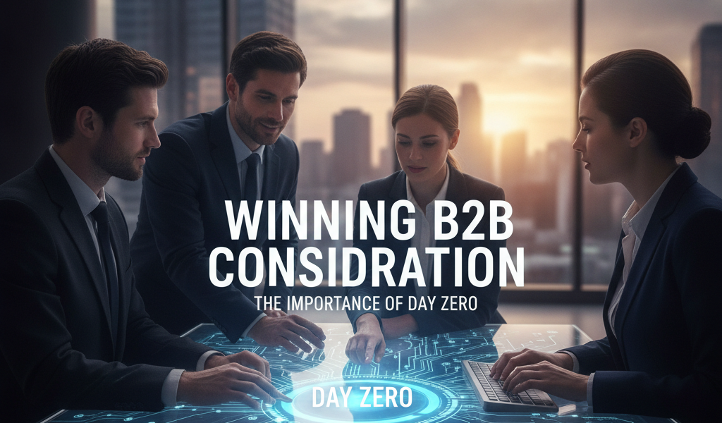 Business team reviewing digital table beneath Winning B2B Consideration message