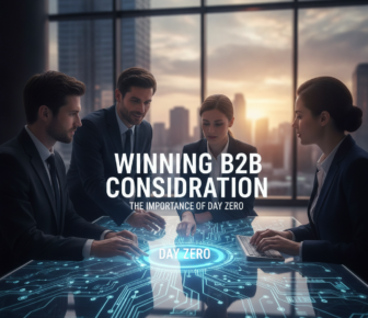 Business team reviewing digital table beneath Winning B2B Consideration message