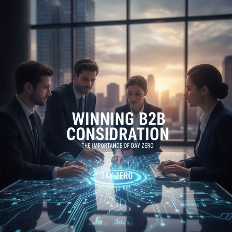 Business team reviewing digital table beneath Winning B2B Consideration message