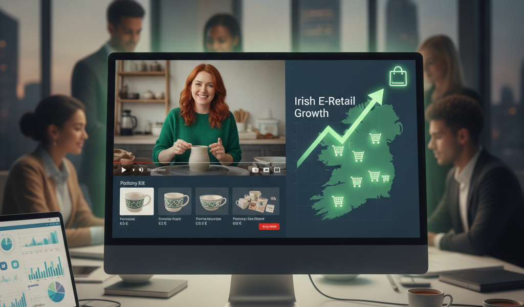 Screen showing Irish e-retail growth and pottery video