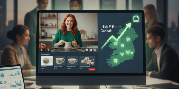 Screen showing Irish e-retail growth and pottery video