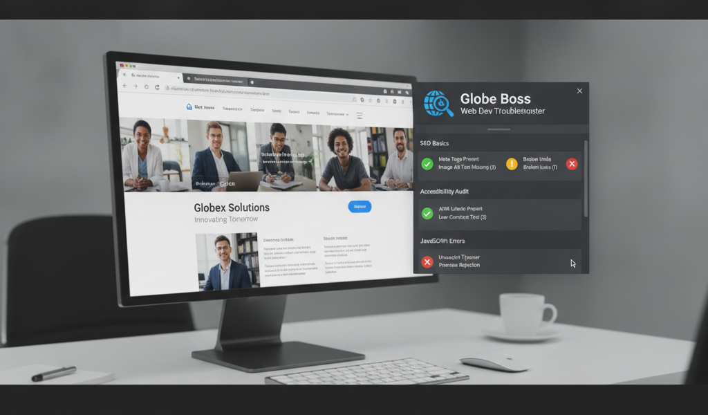 Monitor displaying website with Globe Boss SEO audit panel