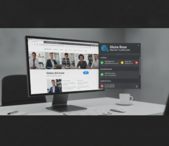 Monitor displaying website with Globe Boss SEO audit panel