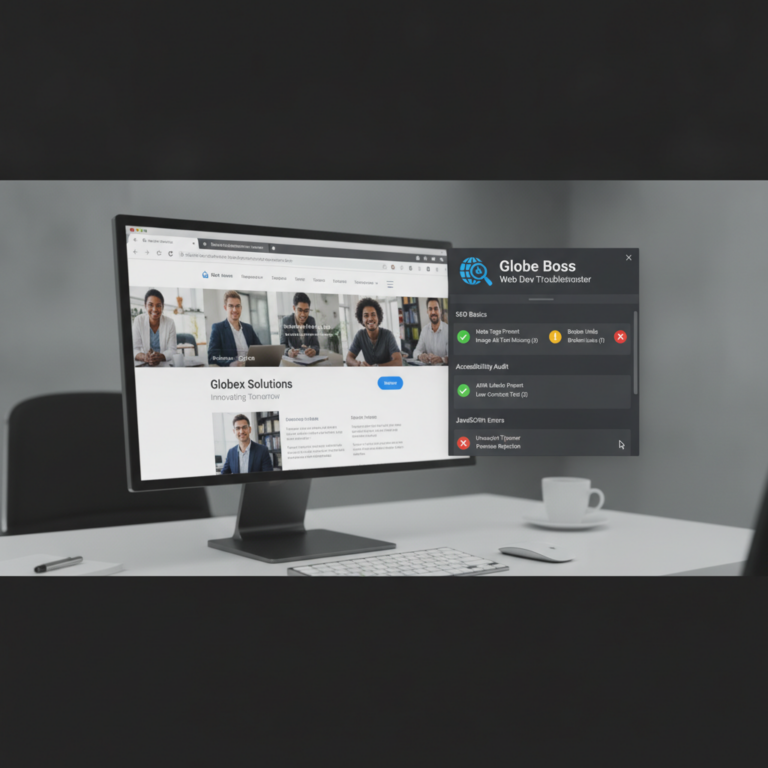 Monitor displaying website with Globe Boss SEO audit panel