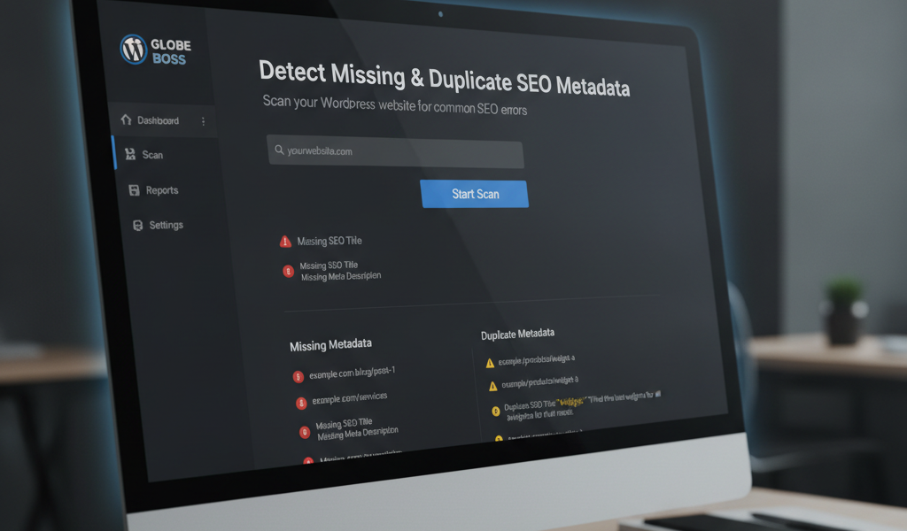 Computer displaying WordPress SEO metadata checker dashboard