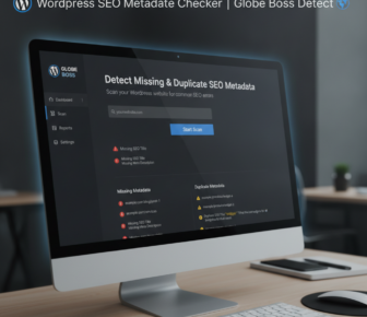 Computer displaying WordPress SEO metadata checker dashboard