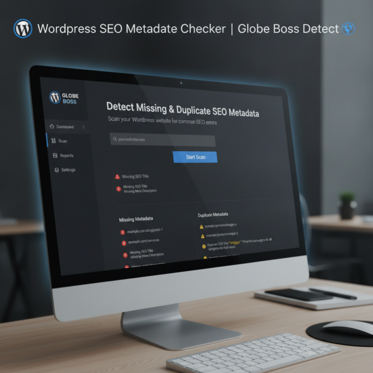 Computer displaying WordPress SEO metadata checker dashboard