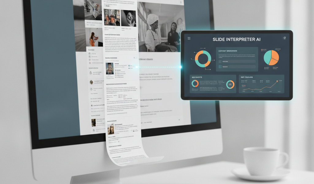 Desktop monitor displaying AI slide interpreter analytics dashboard