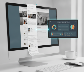 Desktop monitor displaying AI slide interpreter analytics dashboard