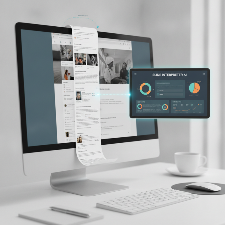 Desktop monitor displaying AI slide interpreter analytics dashboard