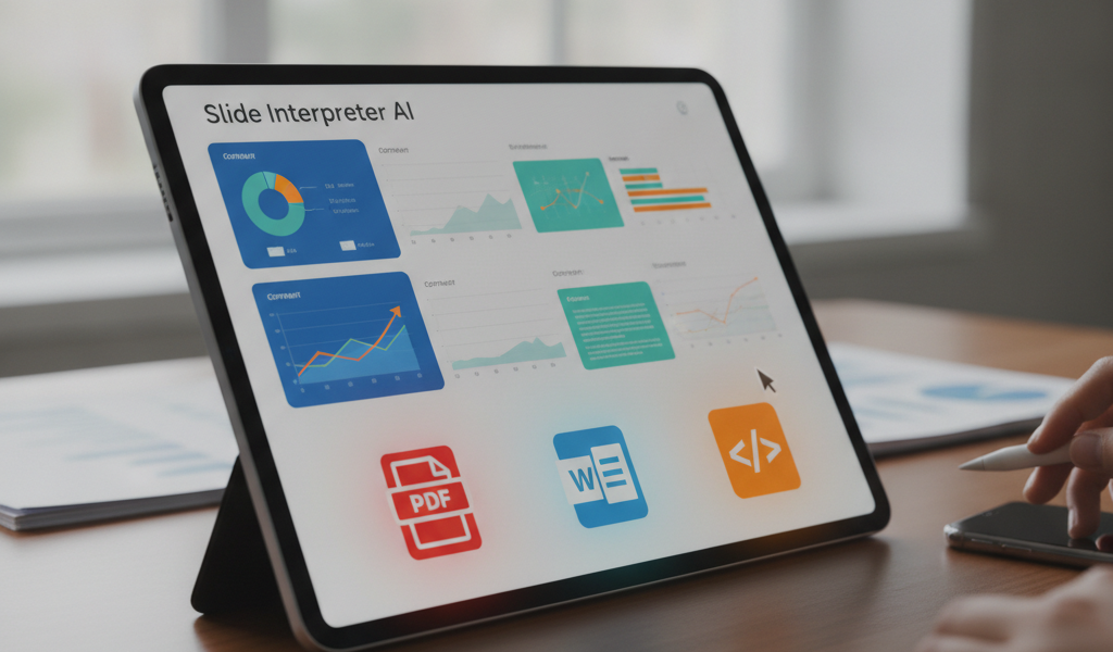 Tablet displaying Slide Interpreter AI with charts and export icons
